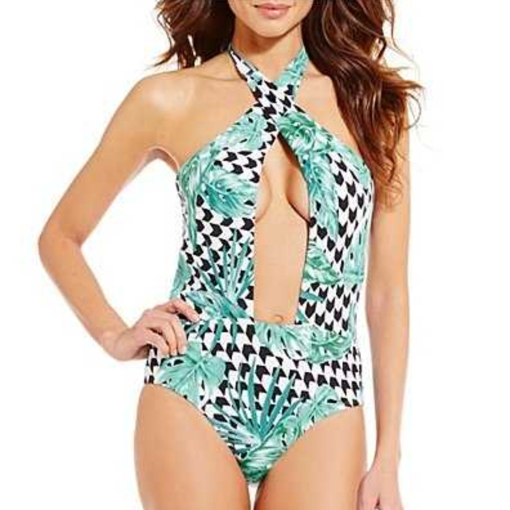 NWT Gianni Bini Tropical Wrap Plunge One Piece - Picture 1 of 7